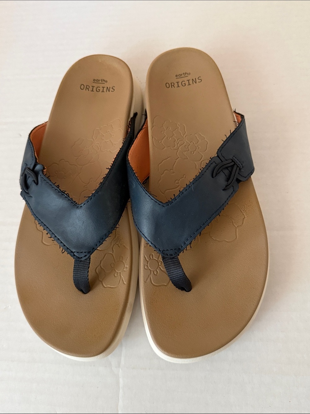 Earth Origins "Dania" navy, flip-flops,cushioned footbeds w/floral imprints,12